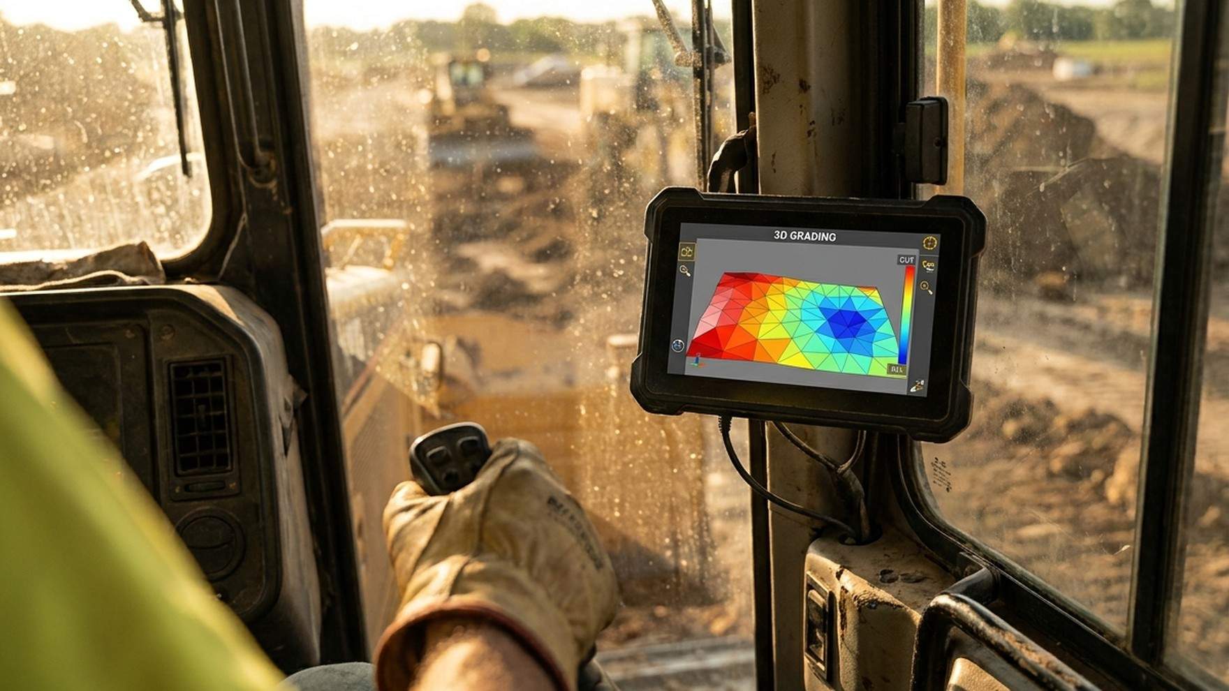 In-cab machine control display showing a 3D grading model, viewed from over the operator's shoulder