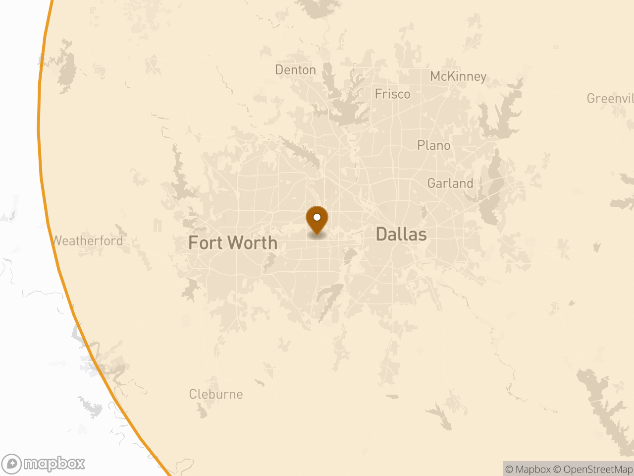 Coverage map: Dallas–Fort Worth (Dallas · Tarrant · Collin · Denton), inside the 100-mile service radius.