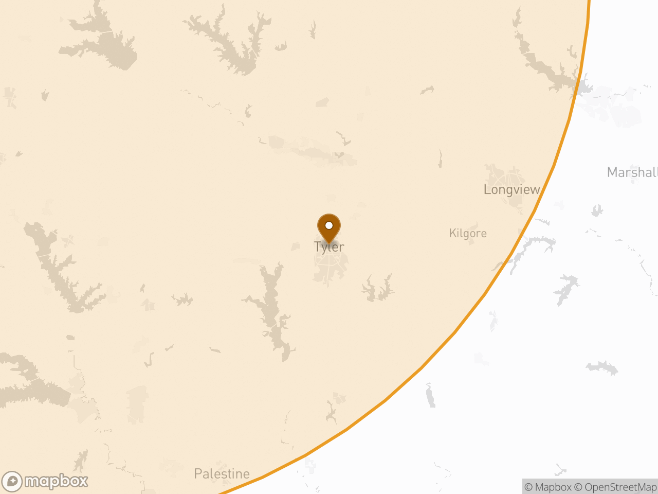 Coverage map: East Texas · Tyler (Smith · Van Zandt · Henderson), inside the 100-mile service radius.