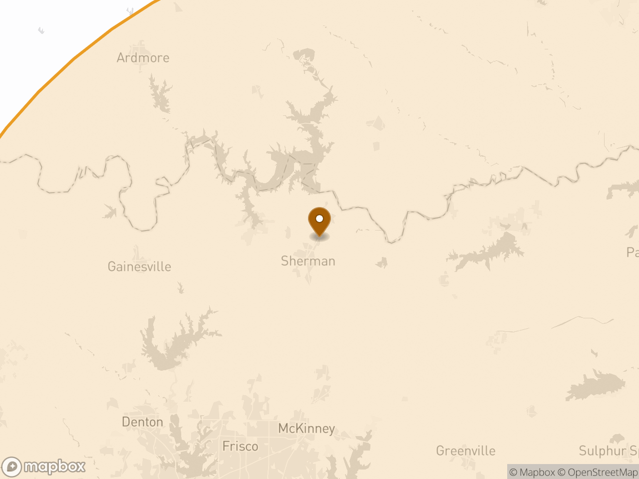 Coverage map: Sherman–Denison (Grayson · Fannin · Cooke), inside the 100-mile service radius.