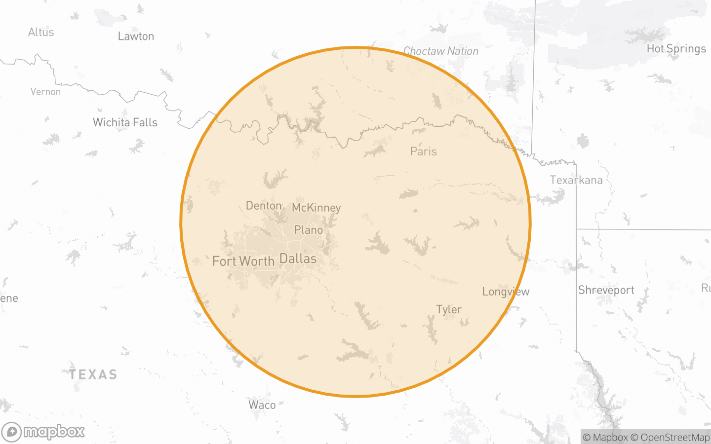 Coverage map: 100-mile service radius measured from Caddo Mills, TX, spanning Fort Worth to Longview.