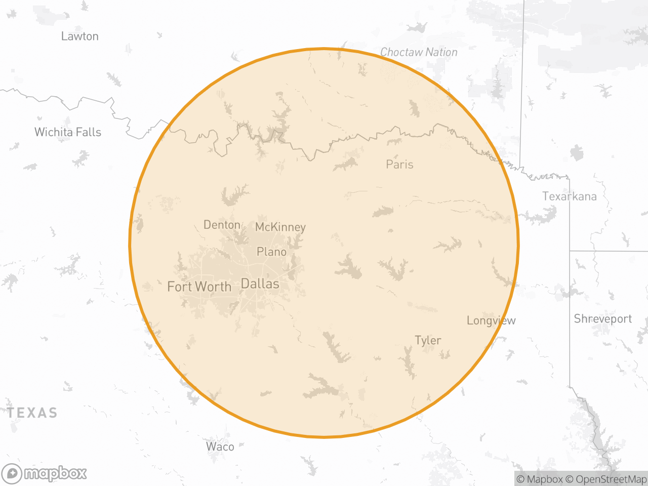 Coverage map: 100-mile service radius measured from Caddo Mills, TX, spanning Fort Worth to Longview.